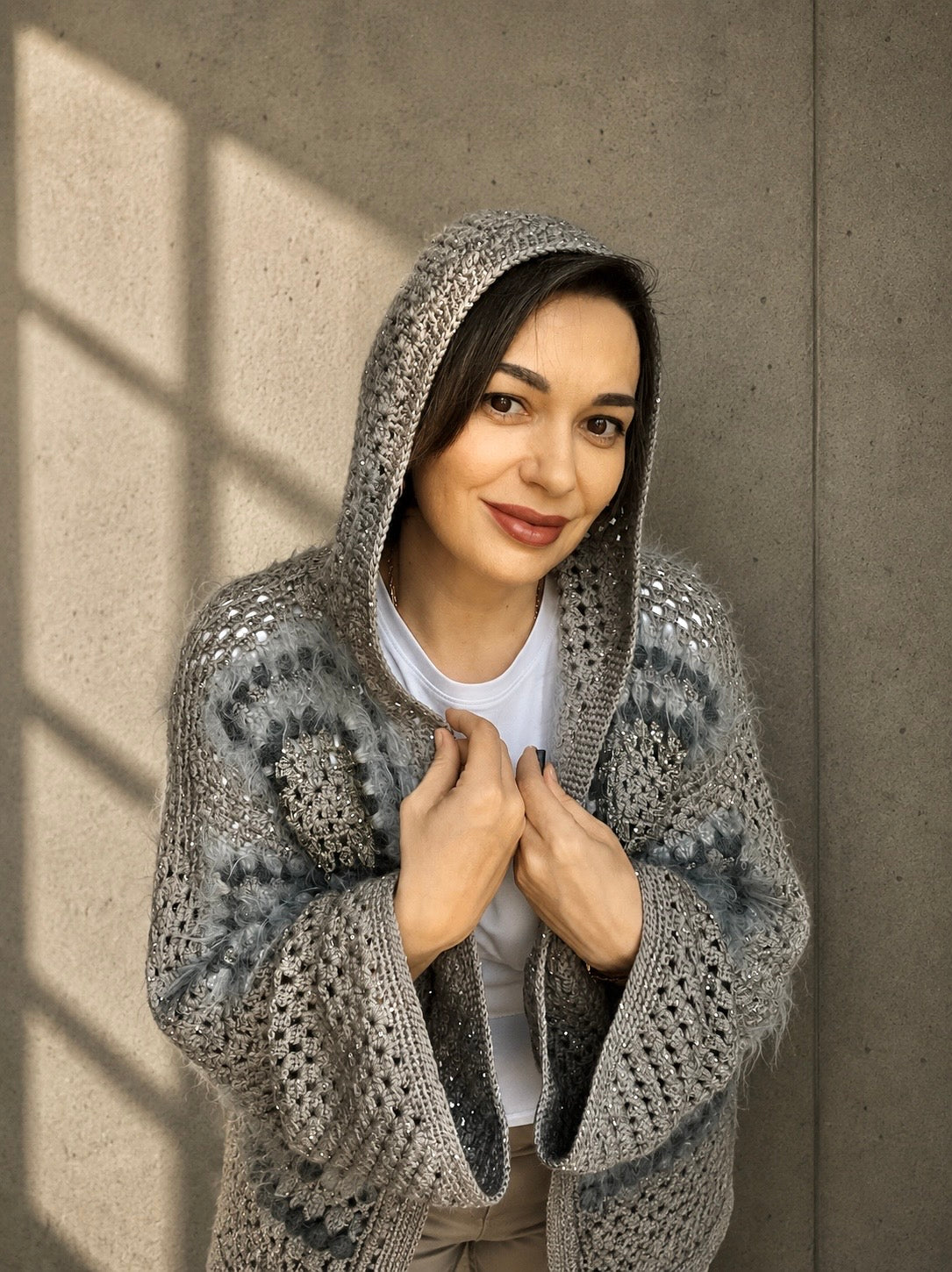 Cashmere Crochet Cardigan with Merino Wool & Silk Sequins | Handmade Designer Knitwear
