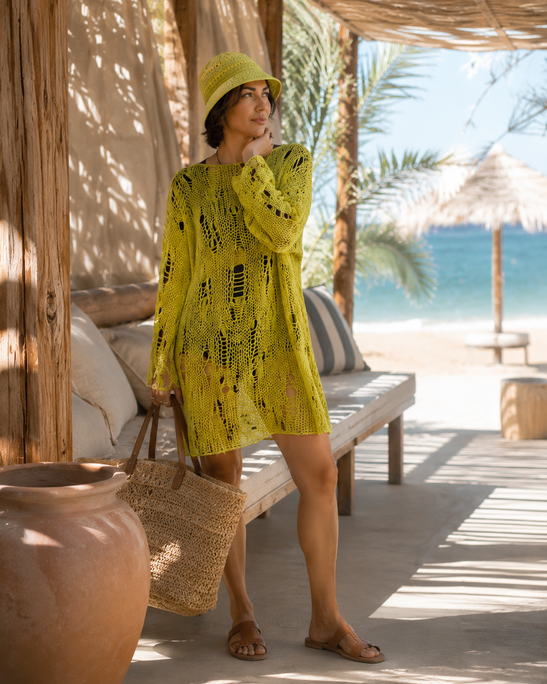 Distressed Cotton Tunic & Bucket Hat Set