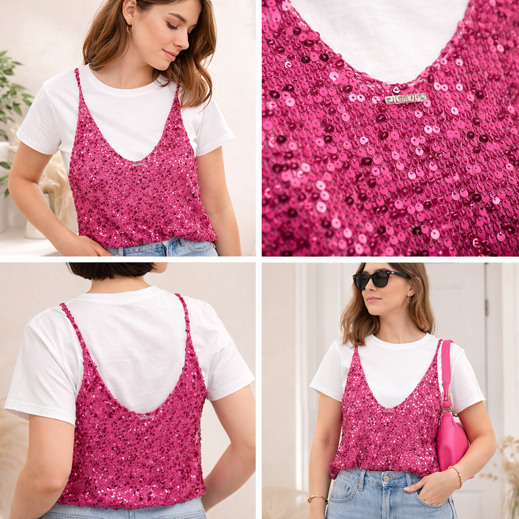 Pink Sequin Knit Tank Top – Sparkly Layered Summer Top