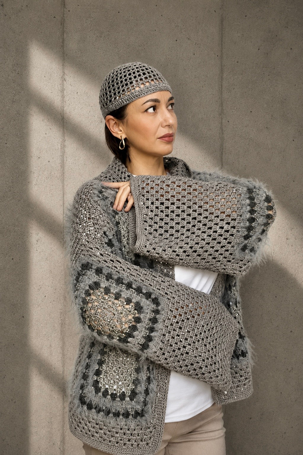 Cashmere Crochet Cardigan with Merino Wool & Silk Sequins | Handmade Designer Knitwear