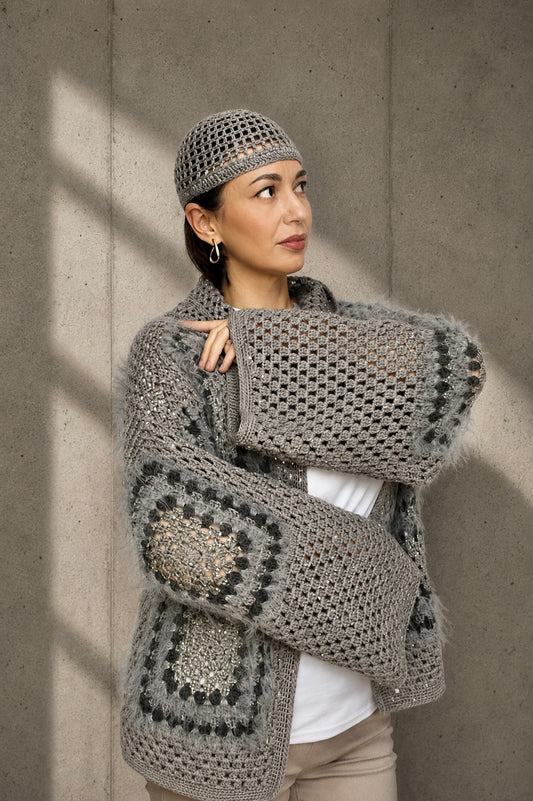 Cashmere Crochet Cardigan with Merino Wool & Silk Sequins | Handmade Designer Knitwear