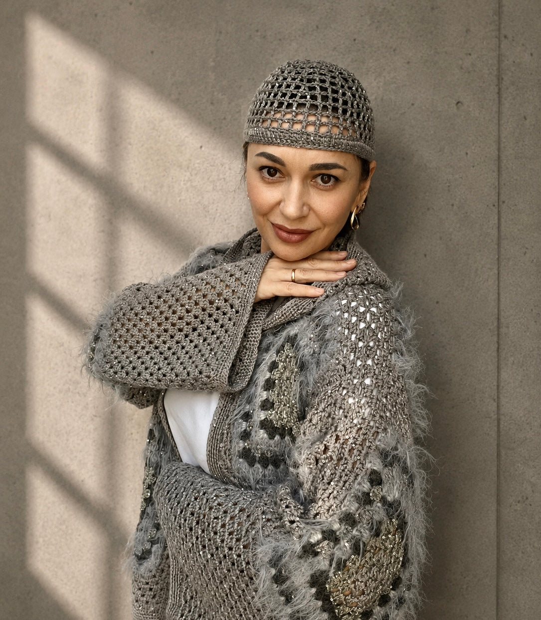 Cashmere Crochet Cardigan with Merino Wool & Silk Sequins | Handmade Designer Knitwear