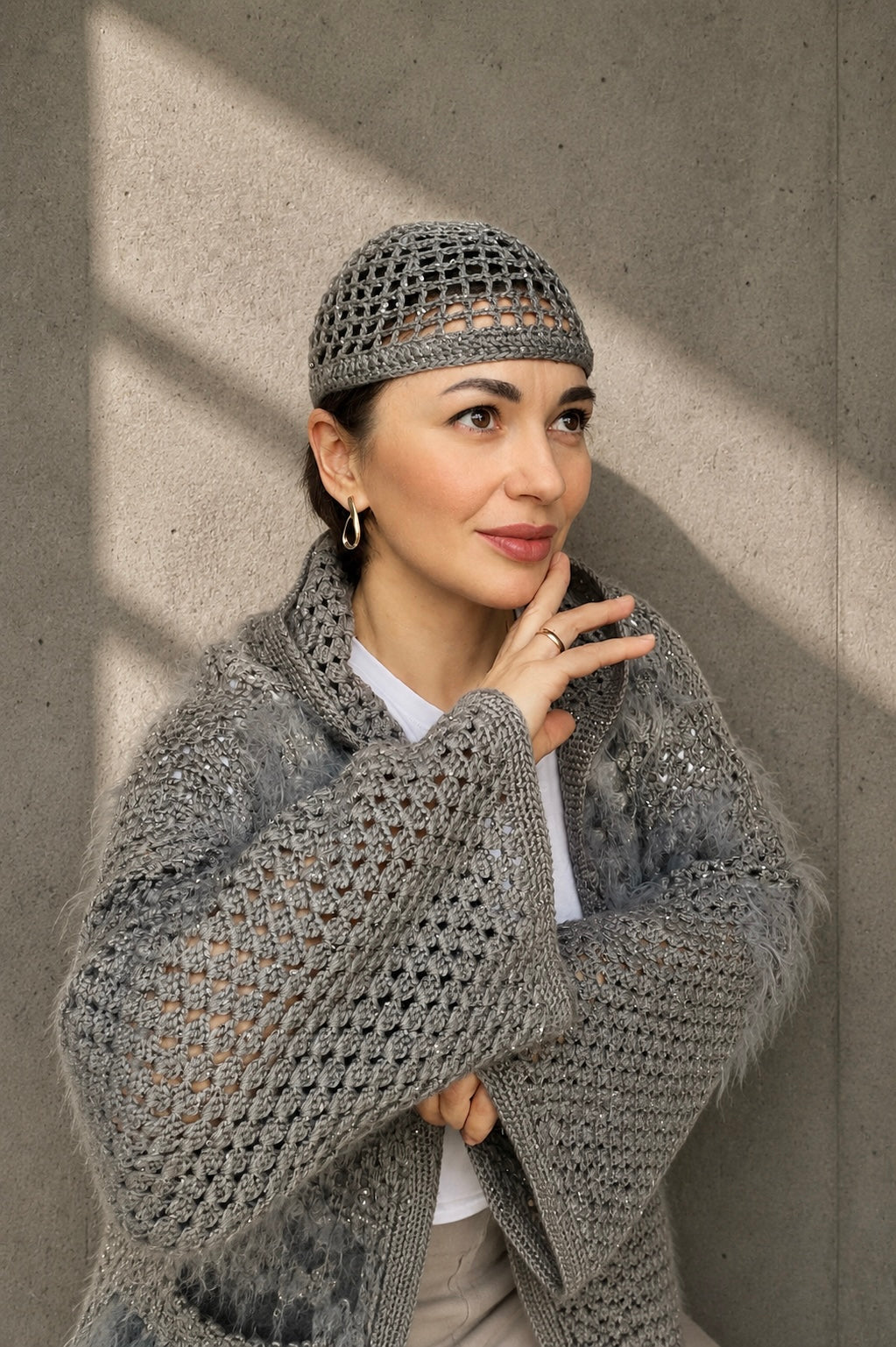 Cashmere Crochet Cardigan with Merino Wool & Silk Sequins | Handmade Designer Knitwear