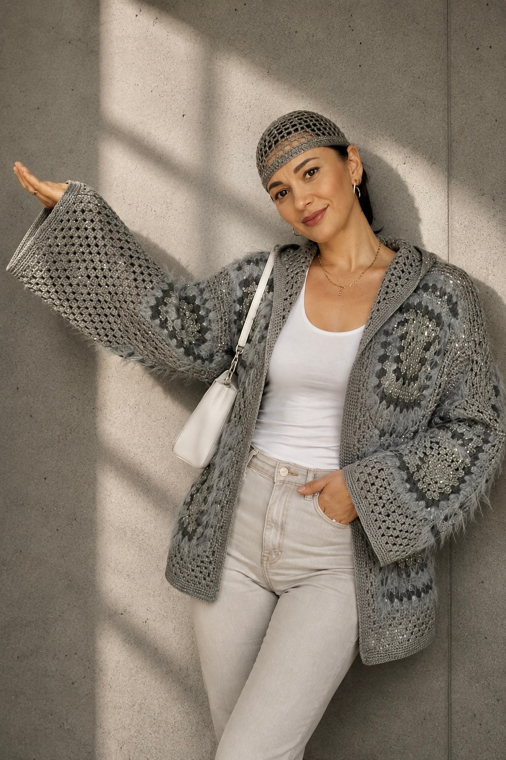 Cashmere Crochet Cardigan with Merino Wool & Silk Sequins | Handmade Designer Knitwear
