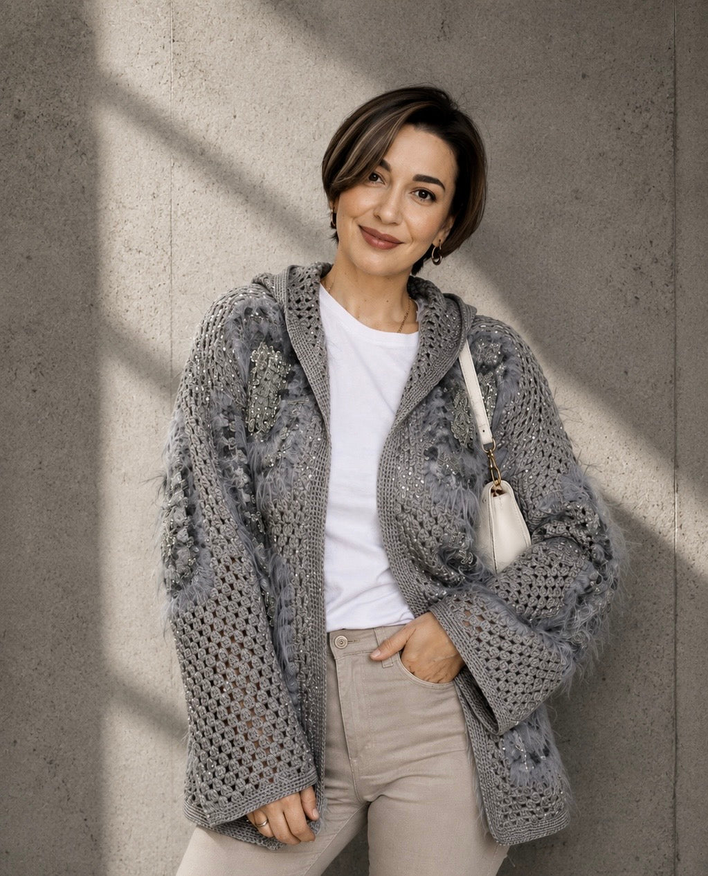 Cashmere Crochet Cardigan with Merino Wool & Silk Sequins | Handmade Designer Knitwear