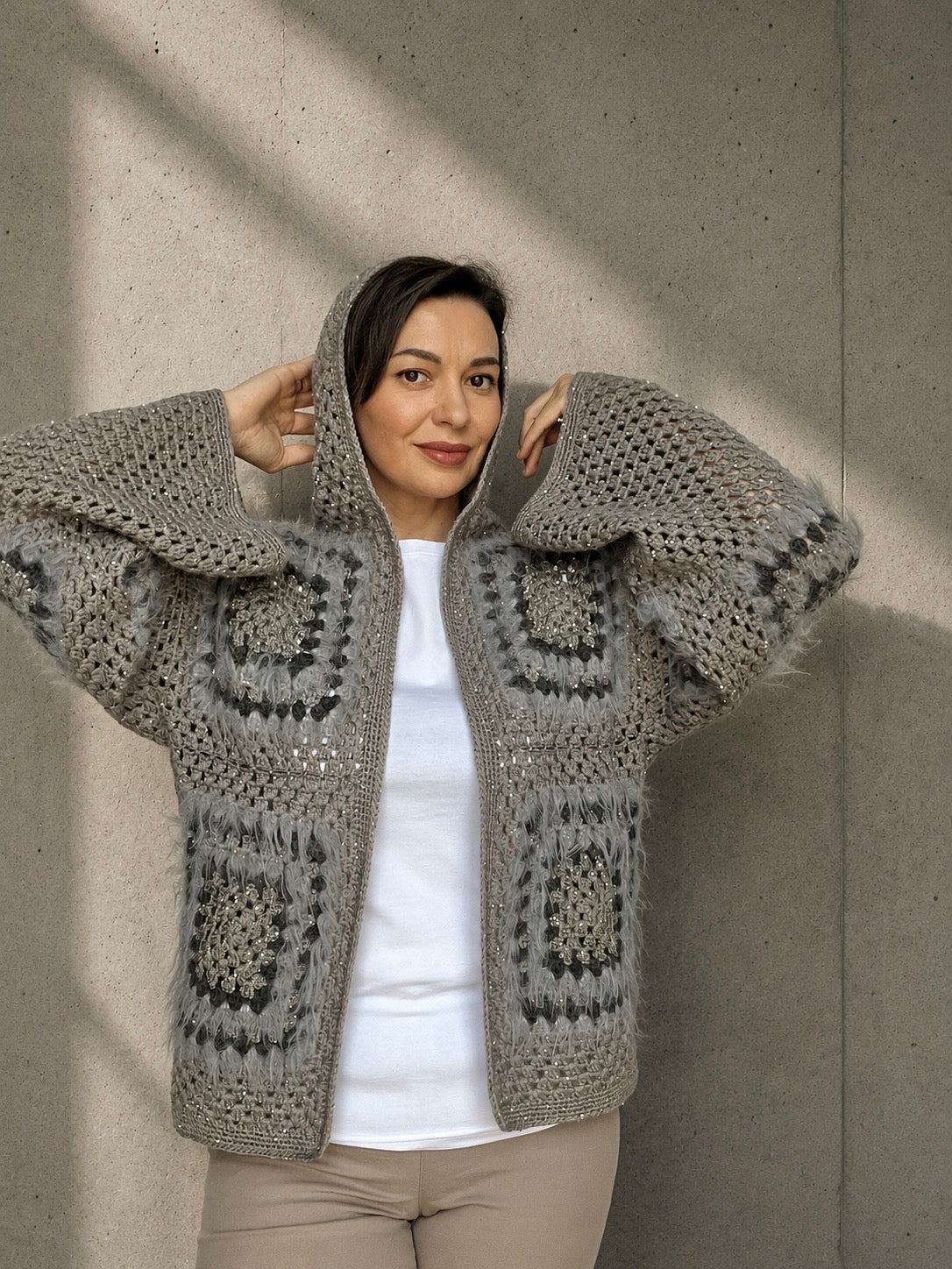 Cashmere Crochet Cardigan with Merino Wool & Silk Sequins | Handmade Designer Knitwear