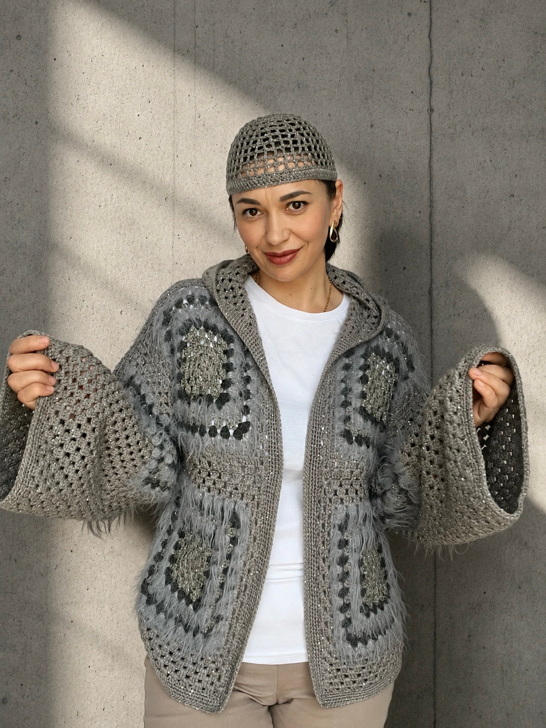 Cashmere Crochet Cardigan with Merino Wool & Silk Sequins | Handmade Designer Knitwear